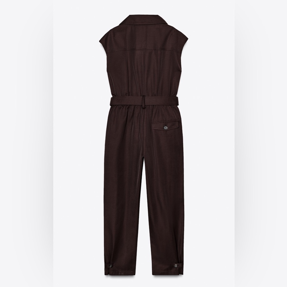 ZARA Brown Sleeveless Jumpsuit with belt - utility styling pockets - Large - Picture 3 of 11